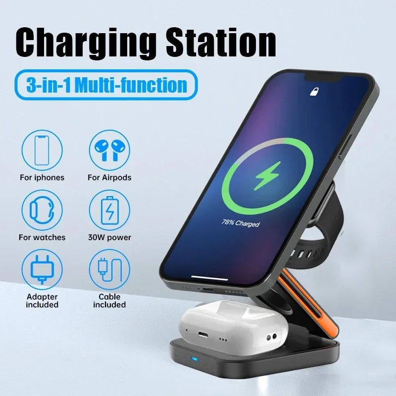 3 in 1 Foldable Charging Station Fast Magnetic Wireless Charger Stand for iPhone 17 16 15 14 13 12 Apple Watch 8 7 6 Airpods Pro sayaragear