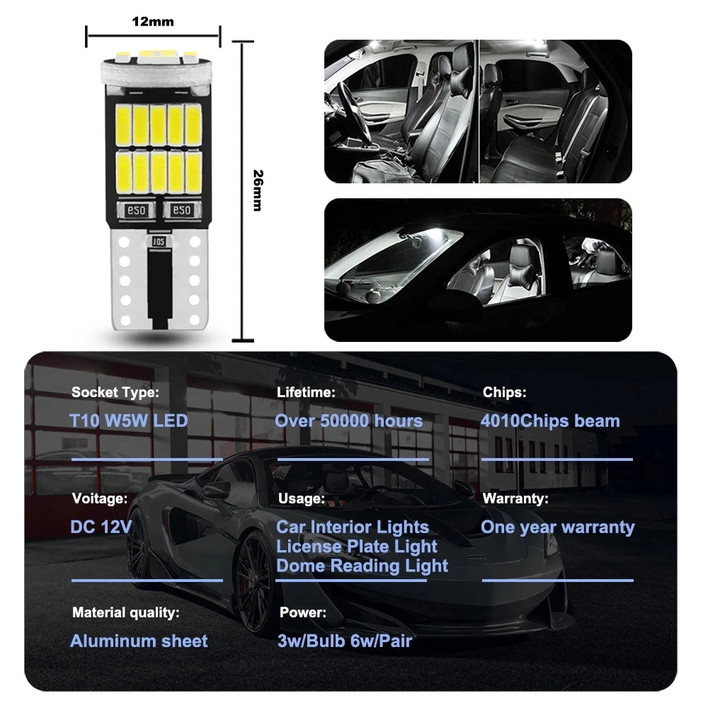 2/6/10/20/30/40/50pcs T10 W5W 194 501 Led Canbus No Error Car Interior Light T10 26 SMD 4014 Chip Pure White Instrument Lights B sayaragear