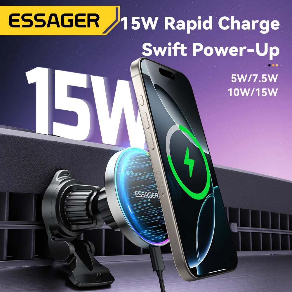 Essager 15W Magnetic Car Phone Holder Wireless Charger Stand For iPhone 16 15 14 13 Pro Max Charging for Magsafe Car Charger RGB sayaragear