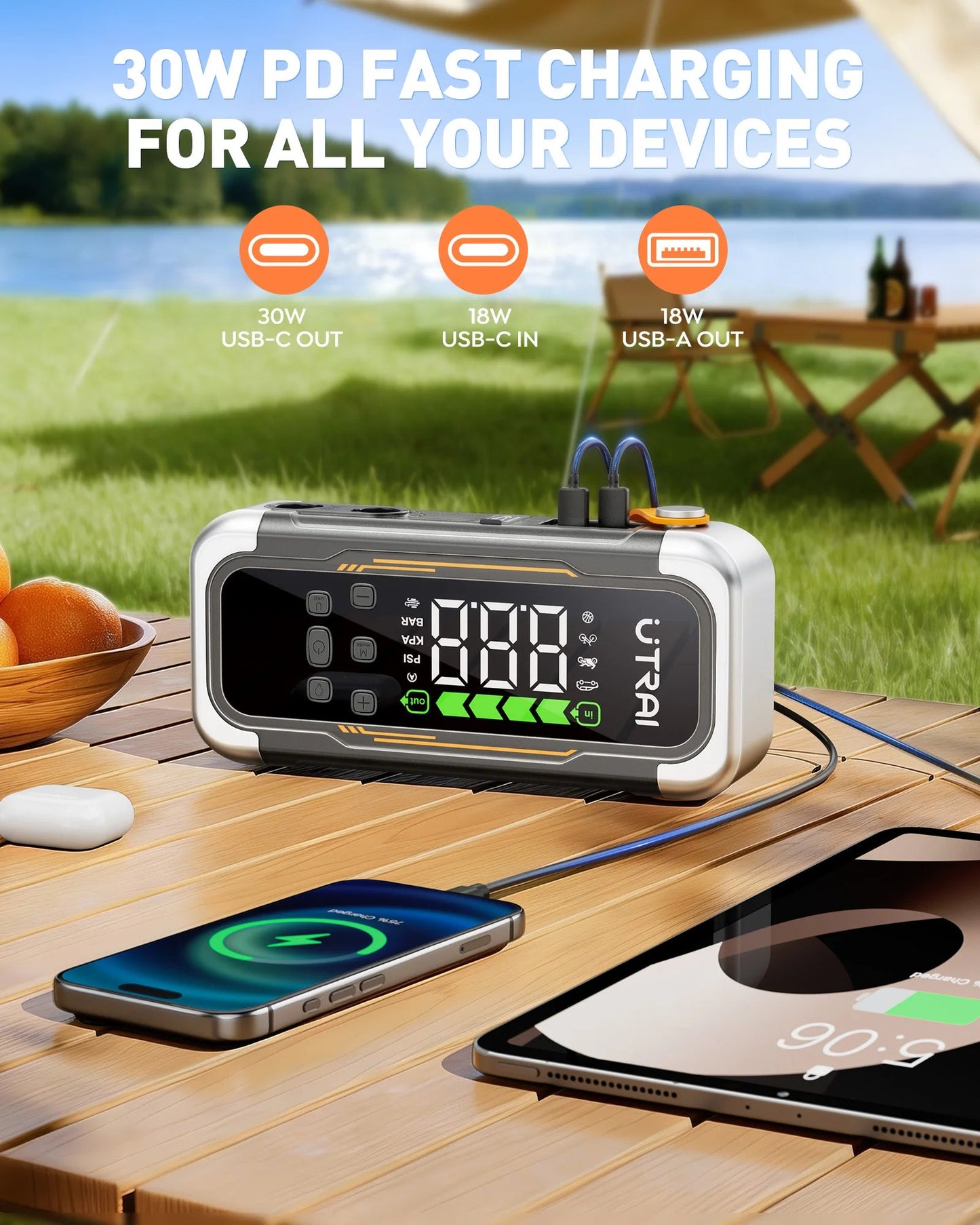 UTRAI 5 in 1 6000A Car Jump Starter 150PSI Air Pump PD30W Power Bank High-speed Airflow Dualmode For kayakingCar Battery Booster sayaragear