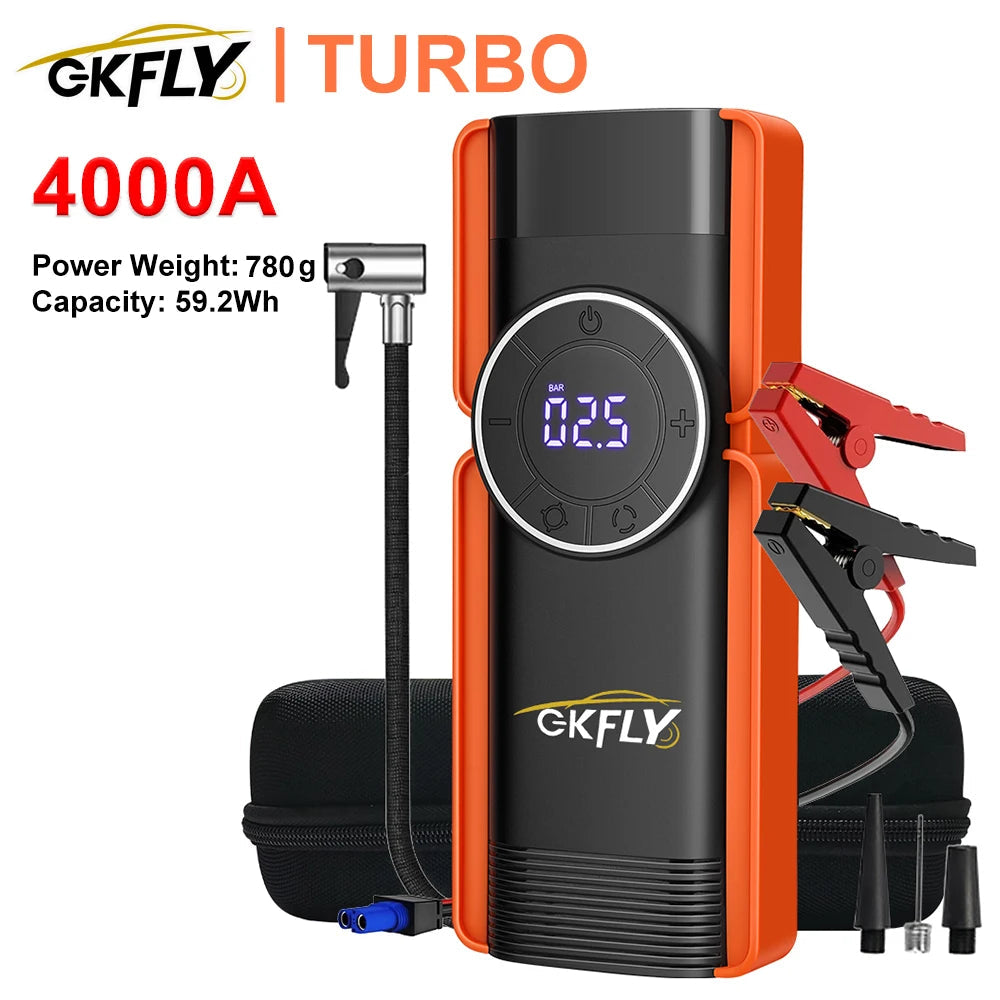GKFLY Jump Starter 4 in 1 Pump Air Compressor 4000A Power Bank 12V Digital Tire Inflator 150PSI Emergency Battery Booster sayaragear