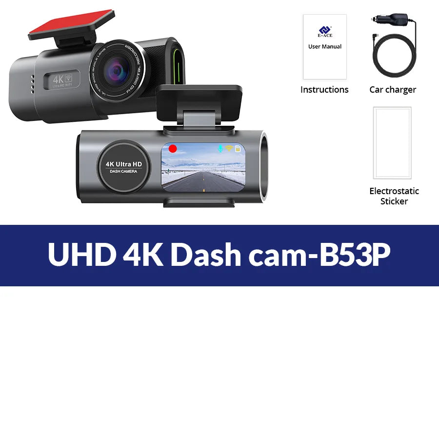 Dash Cam 4K UHD Recording Car Camera DVR Night Vision Video Recorder Built-In Wi-Fi Support GPS 24H Parking sayaragear