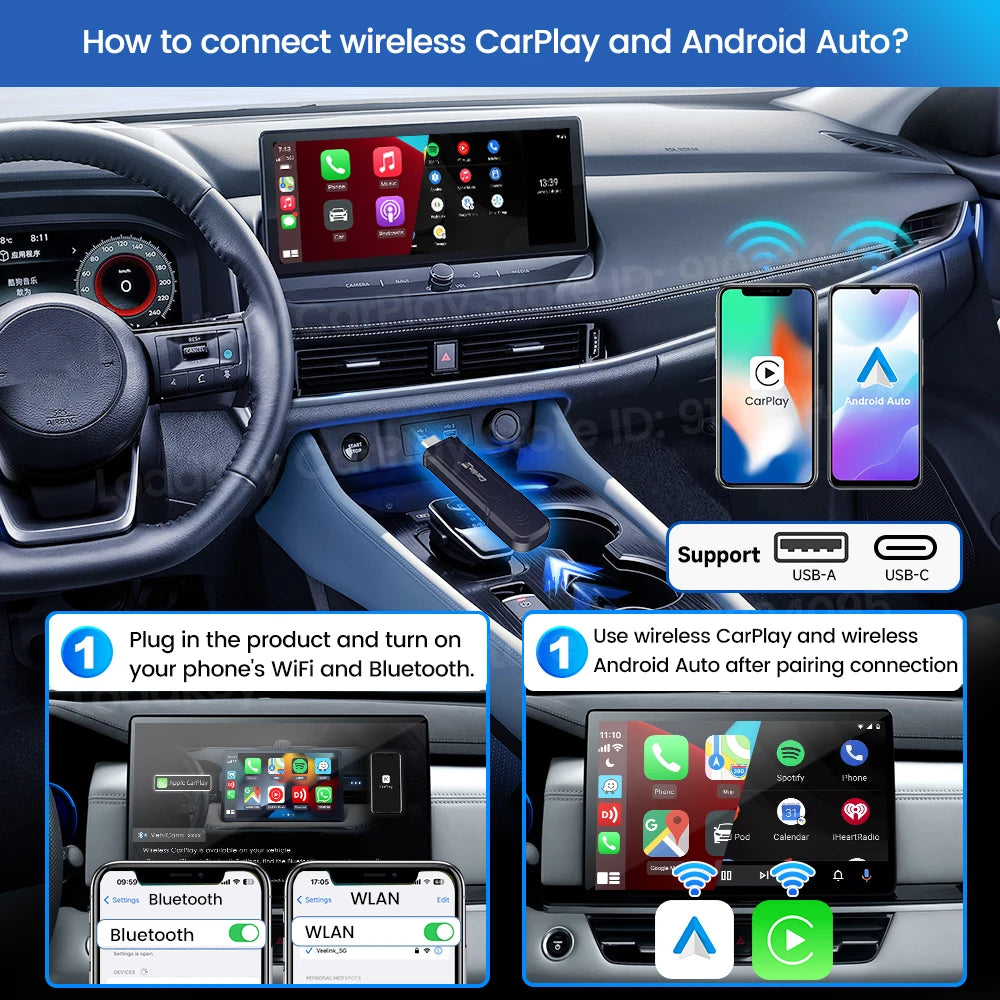 CarlinKit Mini 5 Pro Wireless CarPlay Adapter USB Dongle Wired to Wireless Android Auto 5Ghz WiFi Fast Connect Split Screen OTA sayaragear