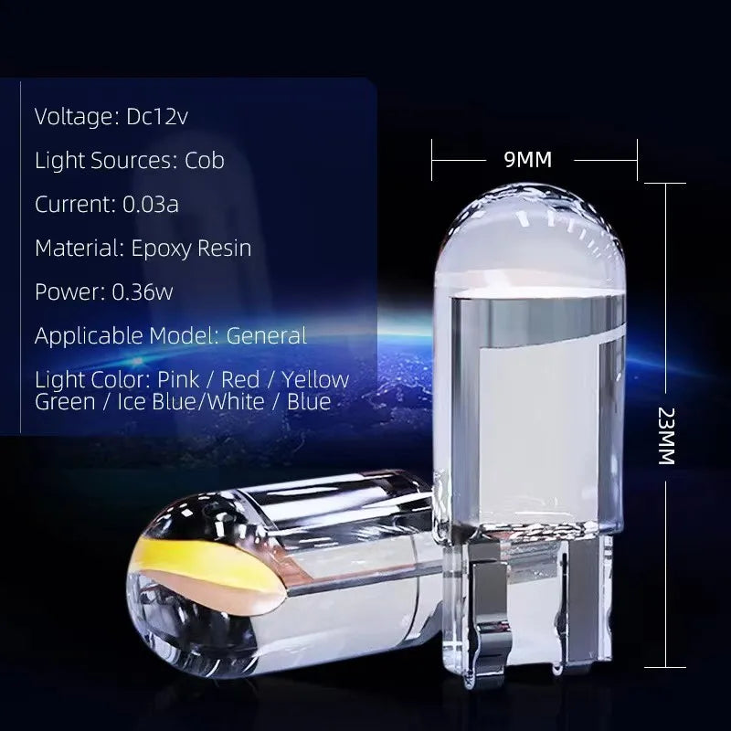 Car LED T10 W5W Canbus Glass COB 6000k Reading Dome Lamp Marker Wedge License PlateLight Bulb 168 194 192 DC 12V White Blue Red sayaragear
