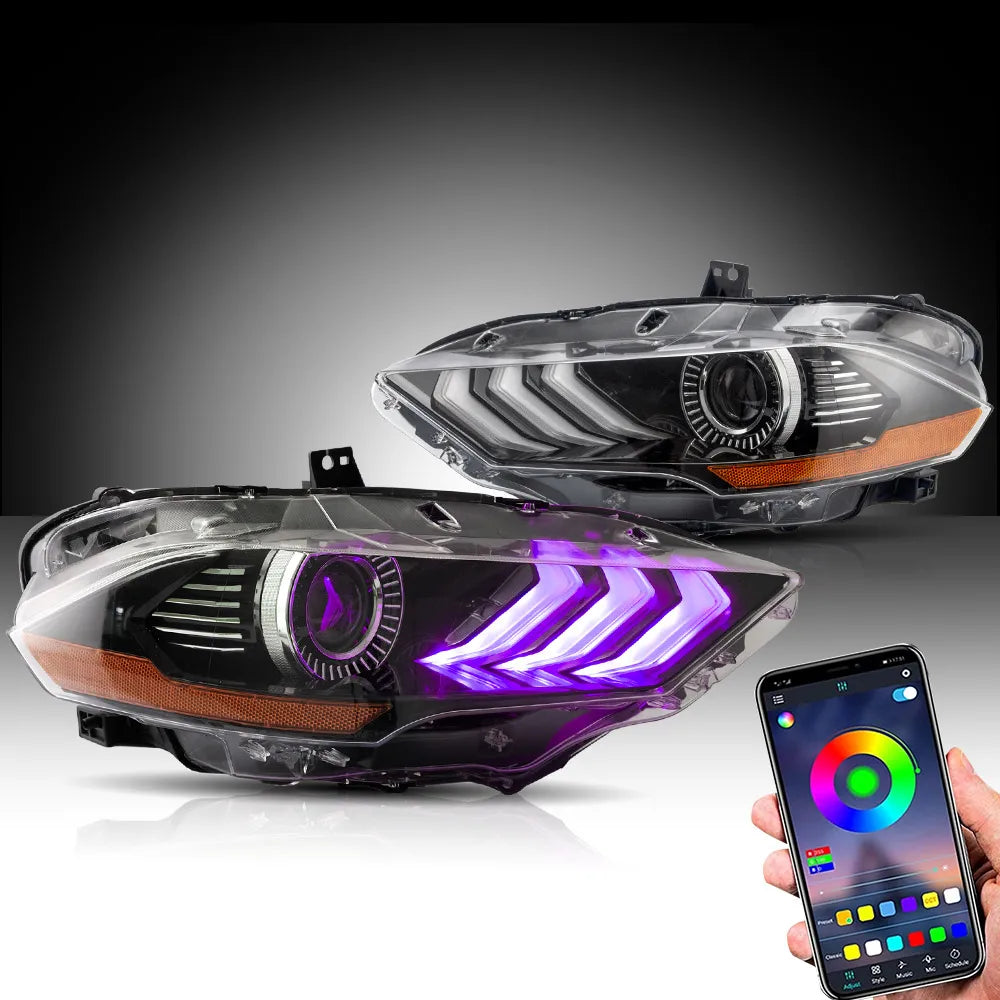 Vland 18-24 Mustang 6th Gen LED Dual Beam Projector RGB Headlights Black with DRL High Low Beam Front Headlamp Assembly sayaragear