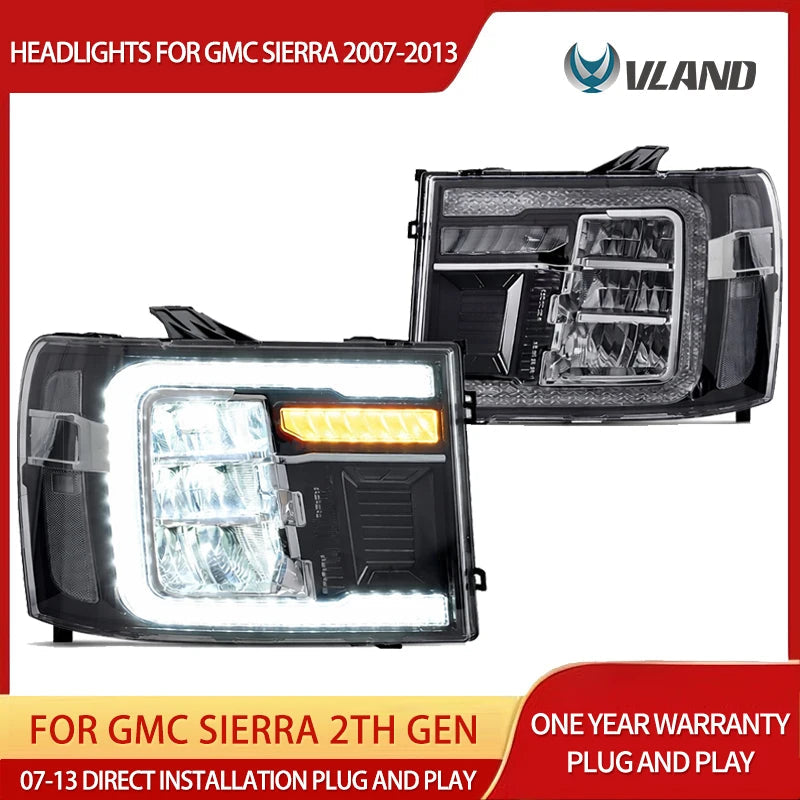 Vland 07-13 Sierra 2nd Gen LED Reflection Bowl Headlights Chrome with DRL High Low Beam Front Headlamp Assembly sayaragear