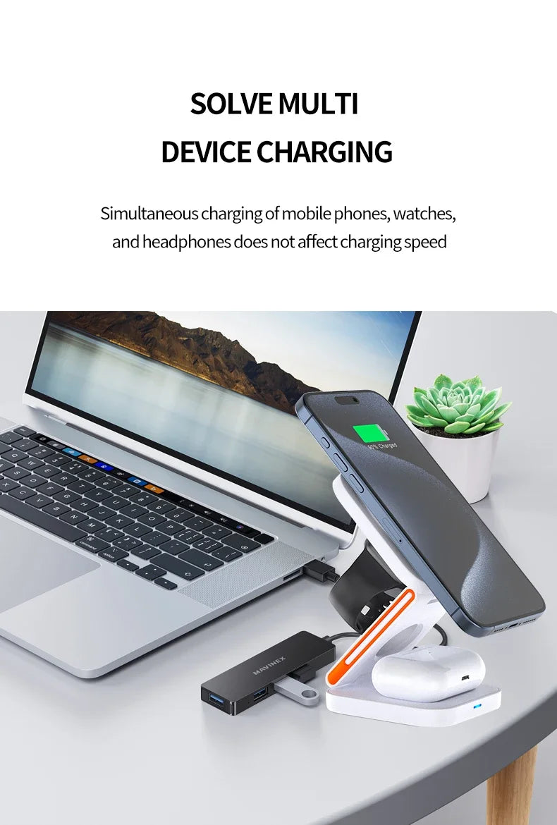 3 in 1 Foldable Charging Station Fast Magnetic Wireless Charger Stand for iPhone 17 16 15 14 13 12 Apple Watch 8 7 6 Airpods Pro sayaragear