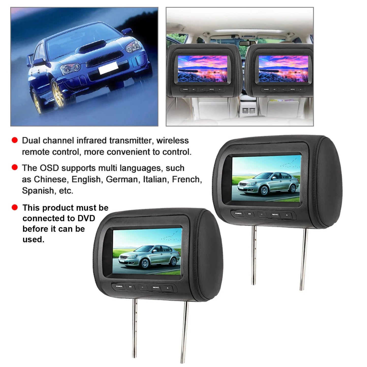 2pcs 7 in Wireless Control Adjustable Headrest LCD Video Monitor MP5 Display Black sayaragear