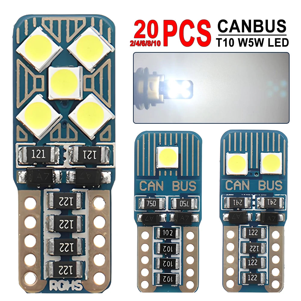 2-20 PCS CANBUS T10 W5W LED Bulb 12V 2835SMD 6500K White 500LM Car Interior Dome Door Glove Box Maps Trunk License Plate Lights sayaragear