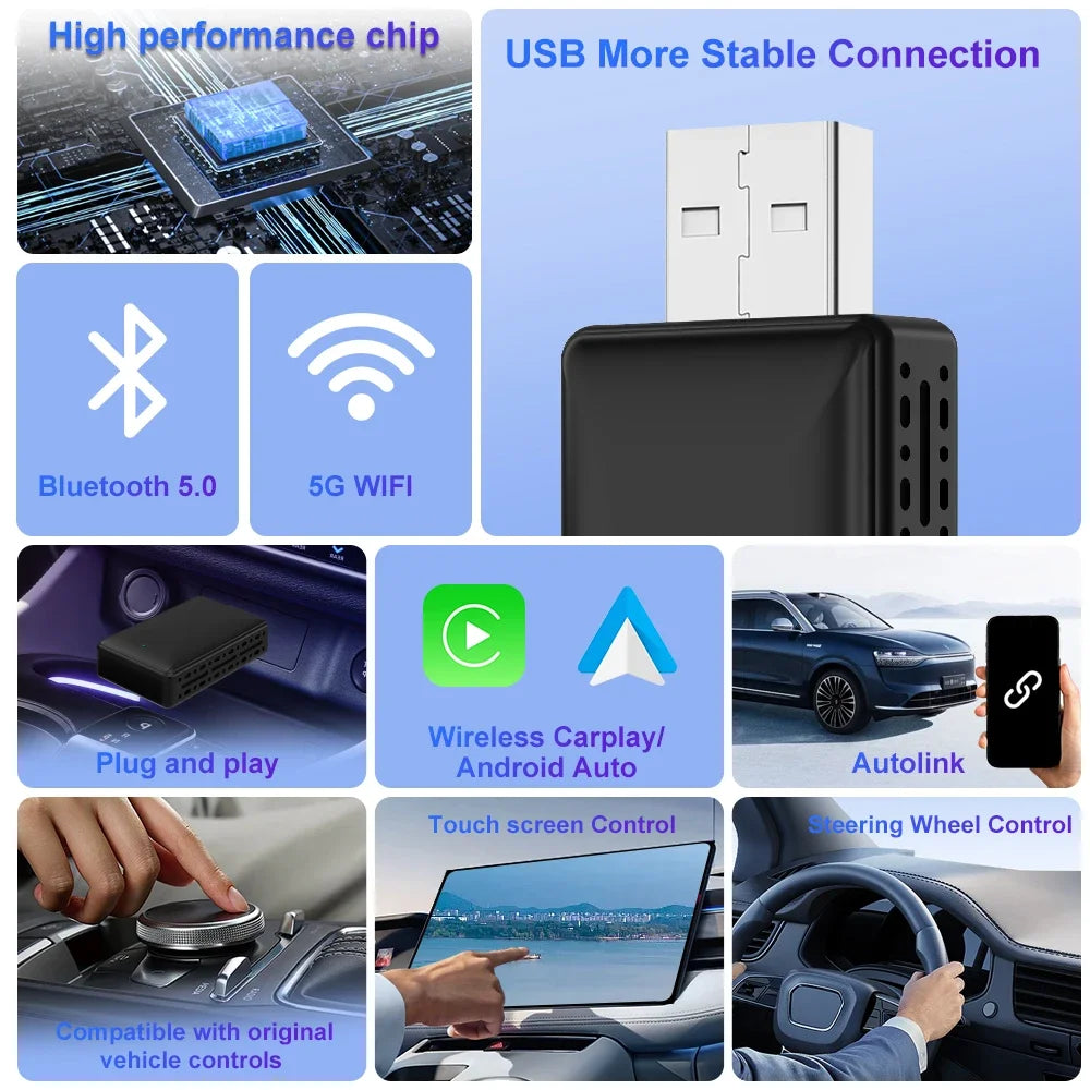 Wired To Wireless Carplay Android Auto 2in1 Wireless Adapter Carplay Wireless Adapter  for OEM Car Stereo with USB Plug and Play sayaragear