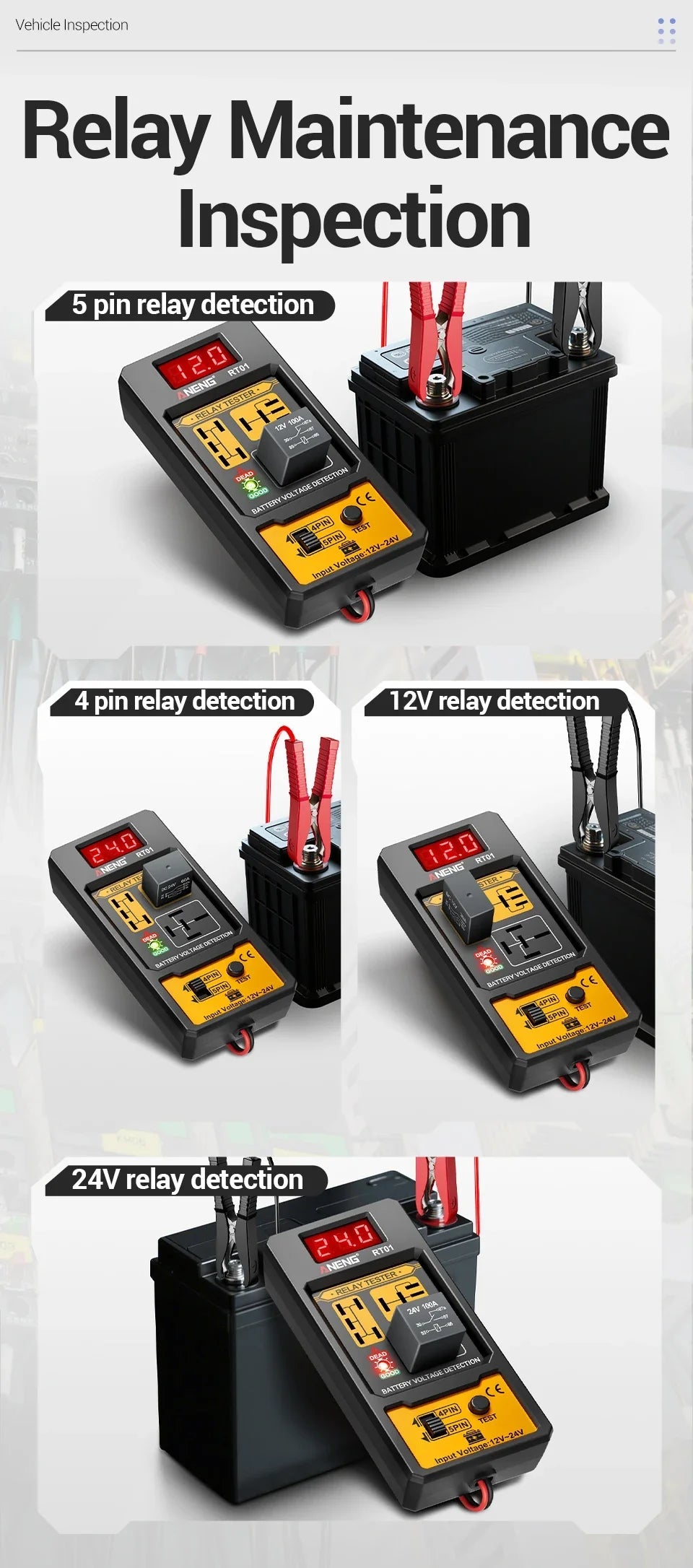 ANENG 11-25V Relay Detector RT01 Digital Universal 4/5 Pins Car Battery Vehicle Detection Digital Display Voltage Battery Tester sayaragear