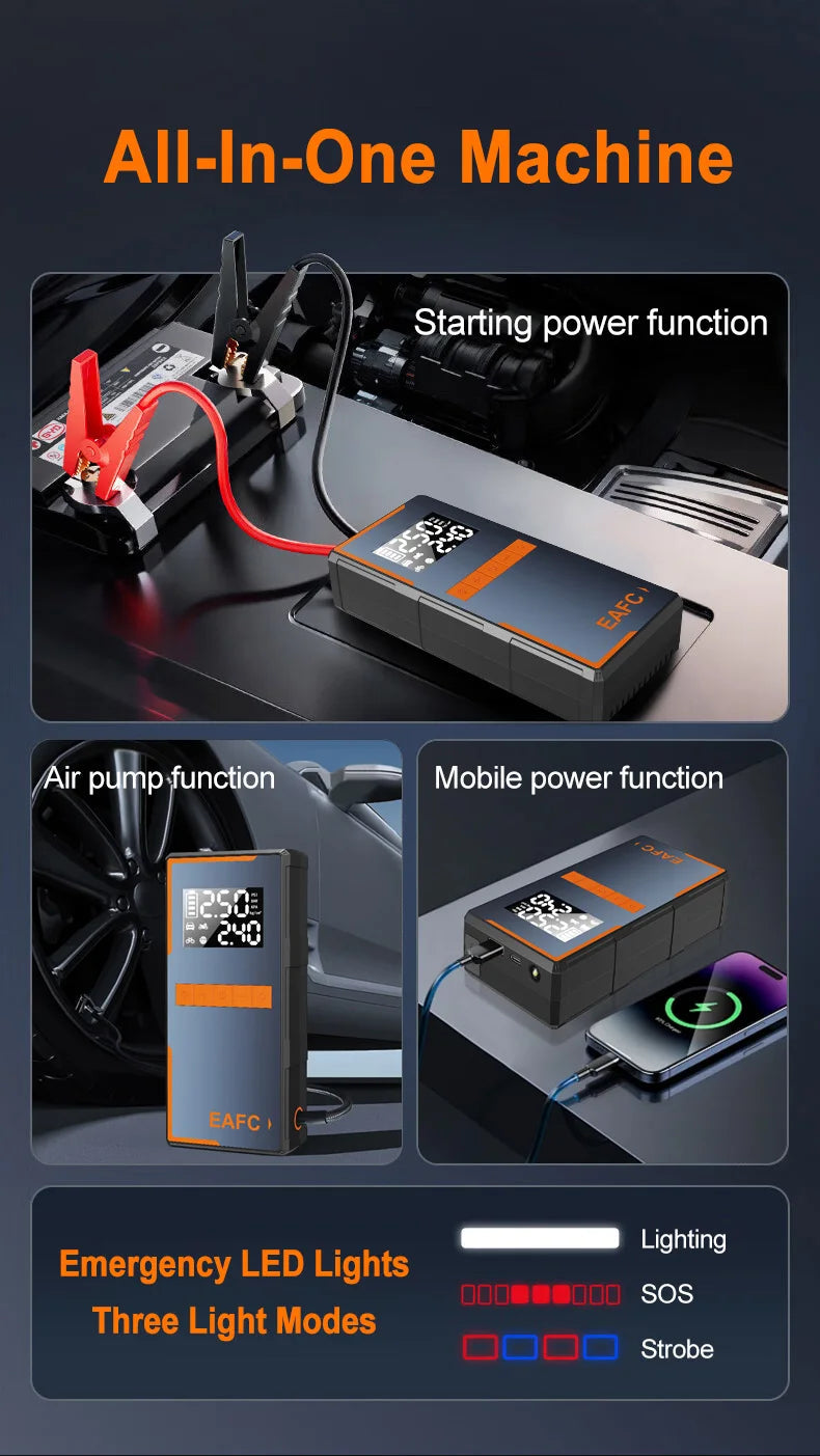 2025 Newest All-in-One Car Emergency Jump Starter & Air Pump 1200A Peak 150PSI Tire Inflator with LED Light & Power Bank sayaragear