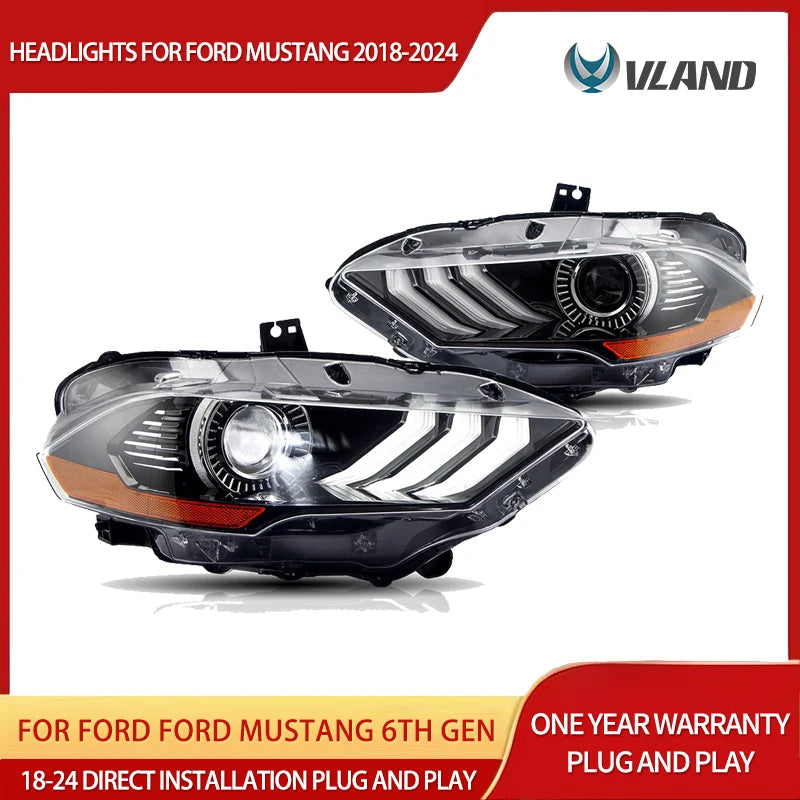 VLAND LED Dual Beam Projector Headlights Black For 18-24 Ford Mustang 6th Gen Facelifted Front Lamp Assembly sayaragear
