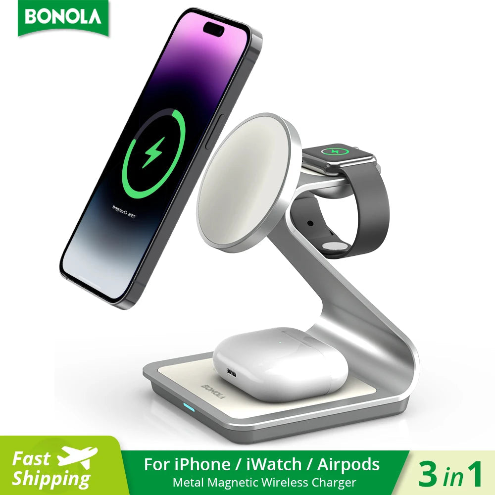 Bonola Magnetic 3 in 1 Wireless Charger for iPhone 17/16/15/13/14/12 30W Wireless Charging Station for Apple Watch/AirPods Pro sayaragear