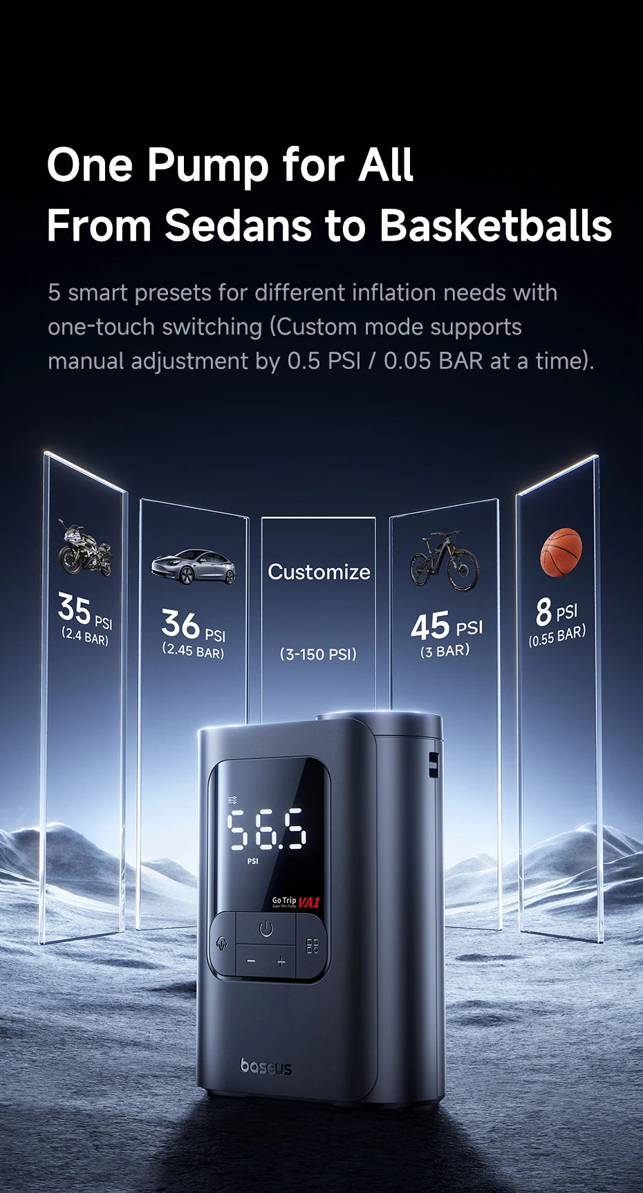 Baseus Wireless Car Air Pump Portable Air Compressor for Car Motorcycles Bicycle Electric Tire Inflator with LCD Digital Display sayaragear