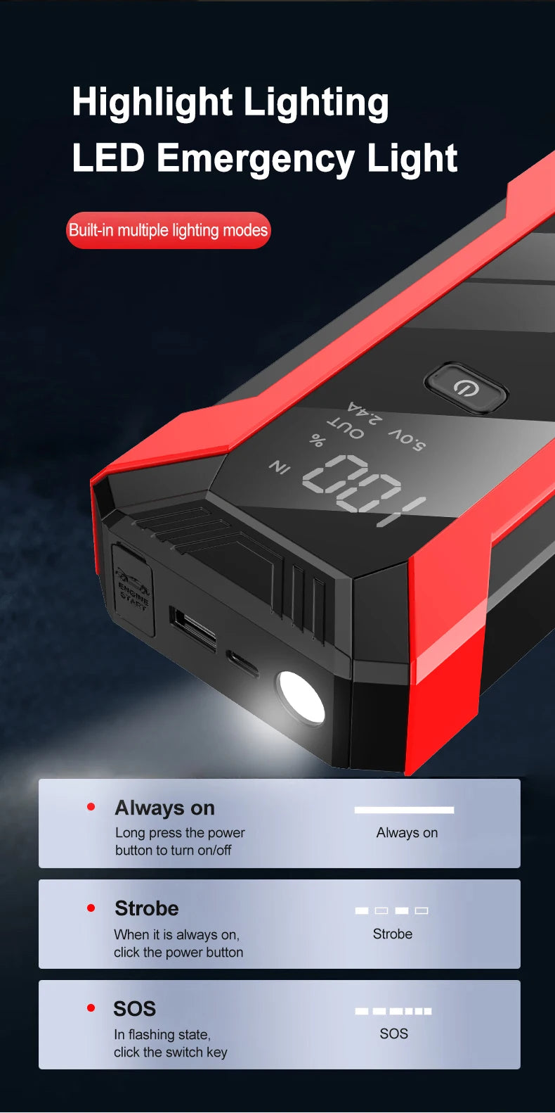 2000A Portable MultiFunction Emergency Booster Car Emergency Mobile Power Battery Charger 12V Car Jump Starter with LED Light sayaragear