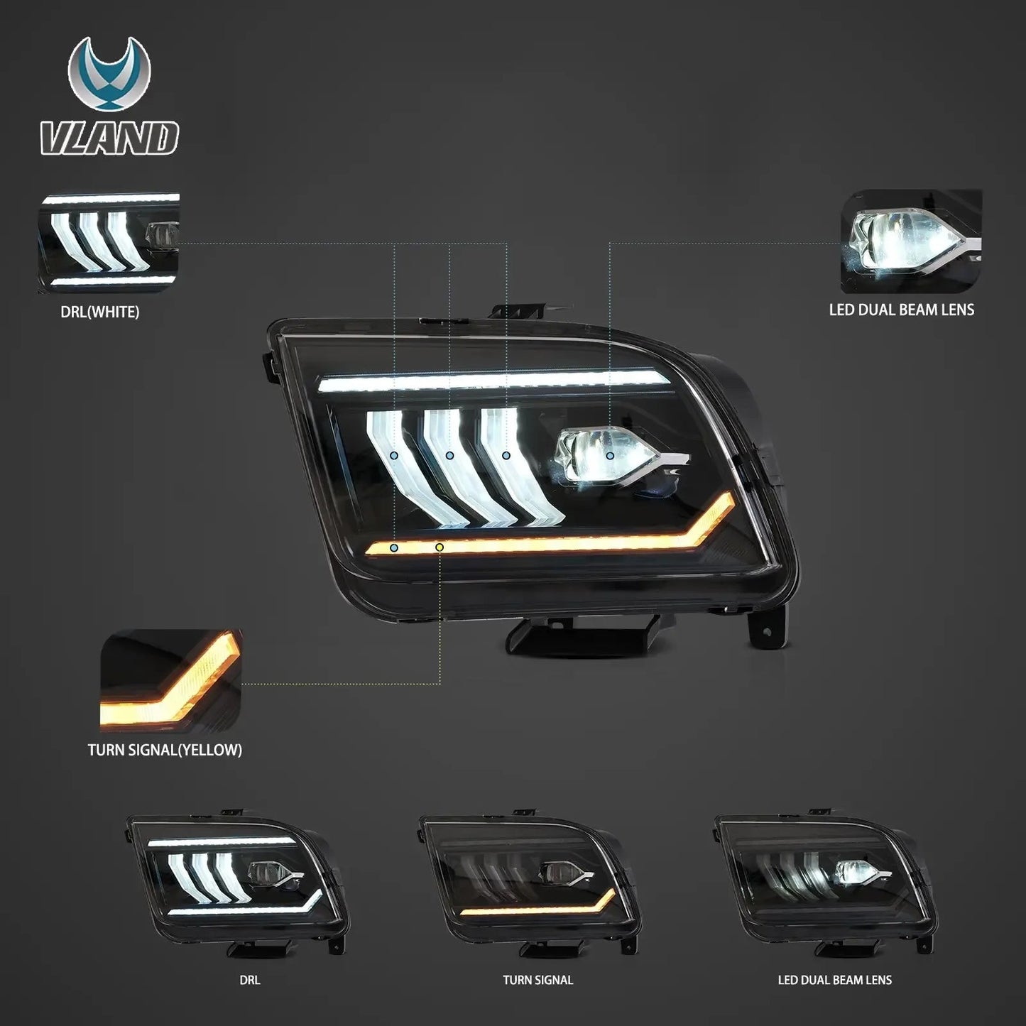 Vland 05-09 Mustang 5th Gen (S-197 I) Pre-Facelift LED Dual Beam Projector Headlights Black sayaragear