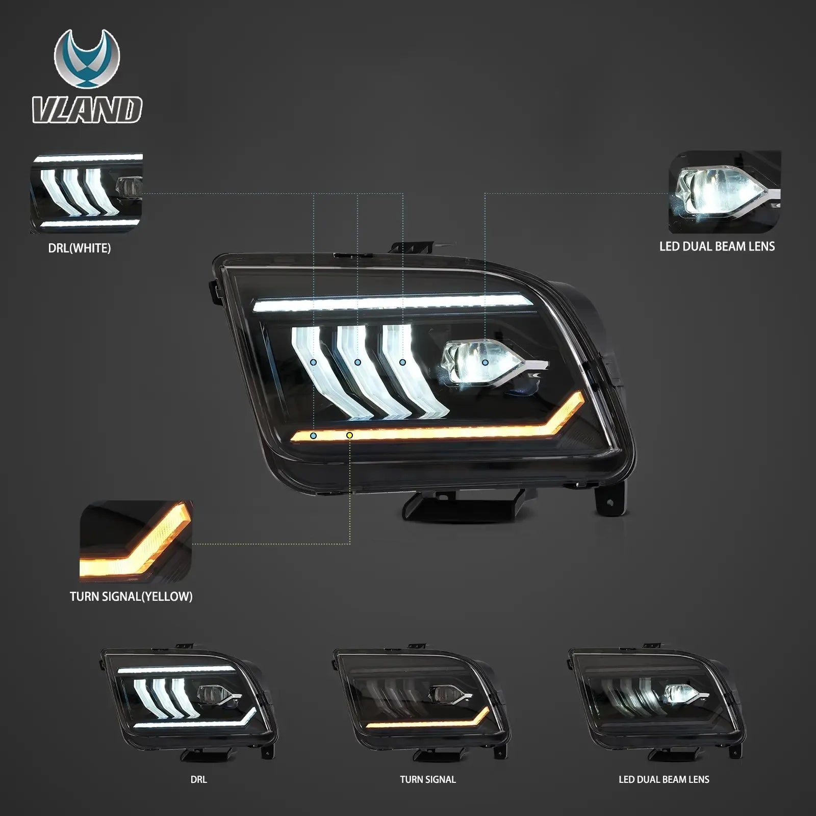Vland 05-09 Mustang 5th Gen (S-197 I) Pre-Facelift LED Dual Beam Projector Headlights Black sayaragear