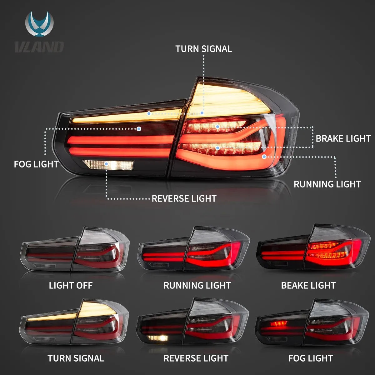 Vland 12-19 3 Series 6th Gen (F30 F80) LED Tail Lights With Sequential Amber Turn Signal sayaragear