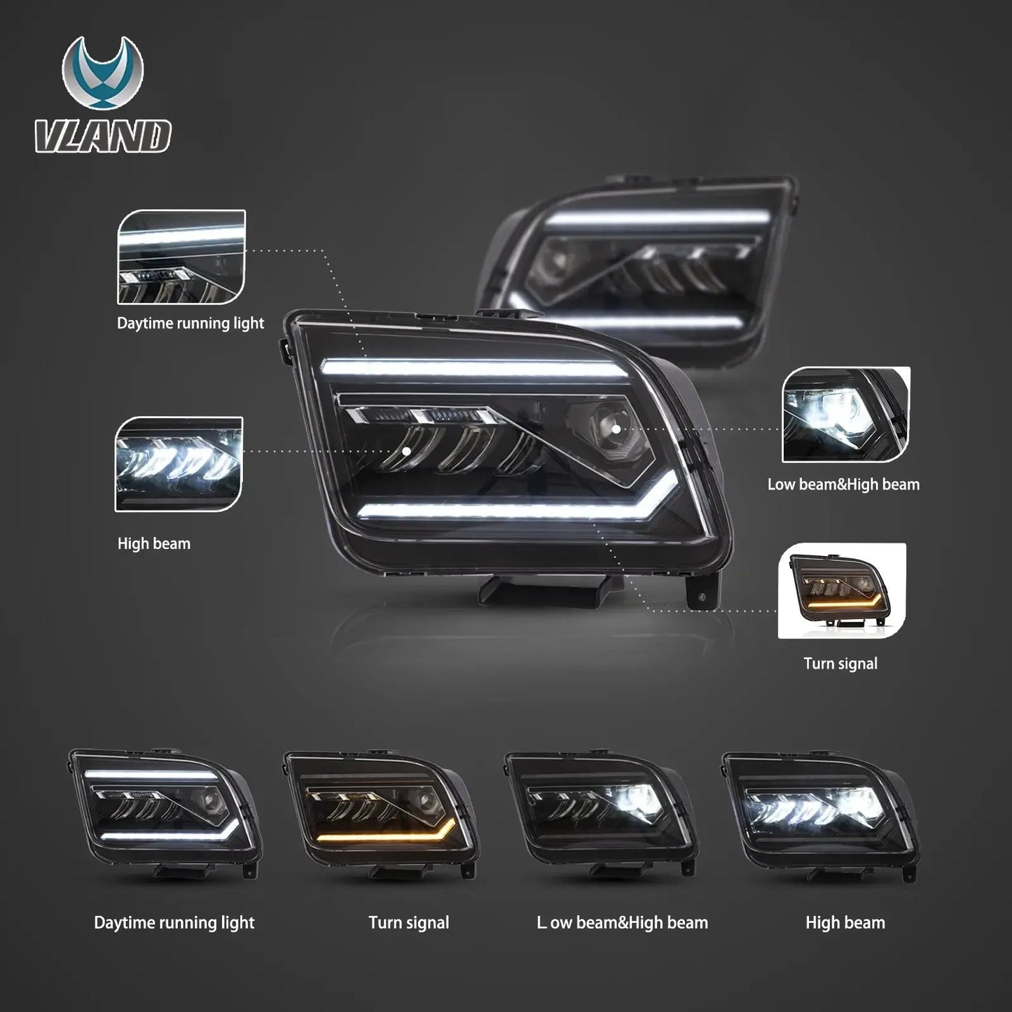 Vland 05-09 Mustang S197 LED Dual Beam Projector Headlights with DRL High Low Beam Front Headlamp Assembly sayaragear