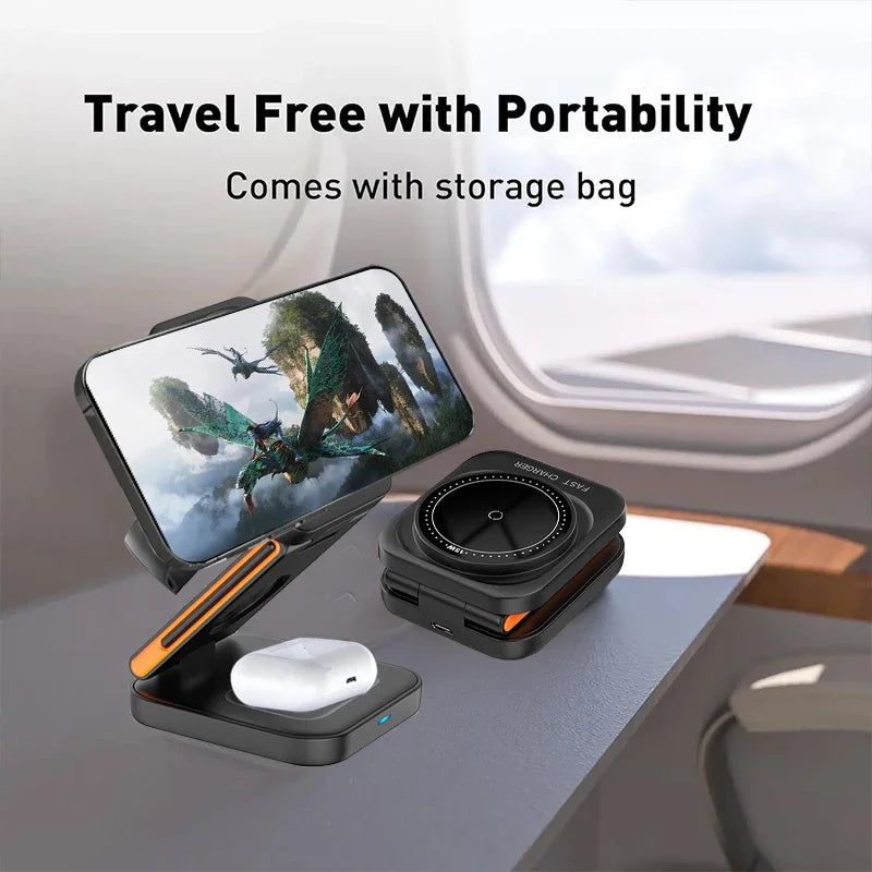 3 in 1 Foldable Charging Station Fast Magnetic Wireless Charger Stand for iPhone 17 16 15 14 13 12 Apple Watch 8 7 6 Airpods Pro sayaragear