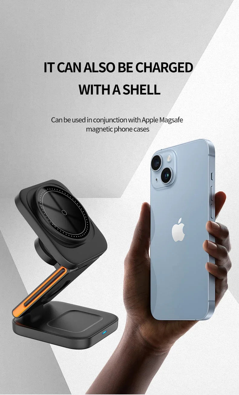 3 in 1 Foldable Charging Station Fast Magnetic Wireless Charger Stand for iPhone 17 16 15 14 13 12 Apple Watch 8 7 6 Airpods Pro sayaragear