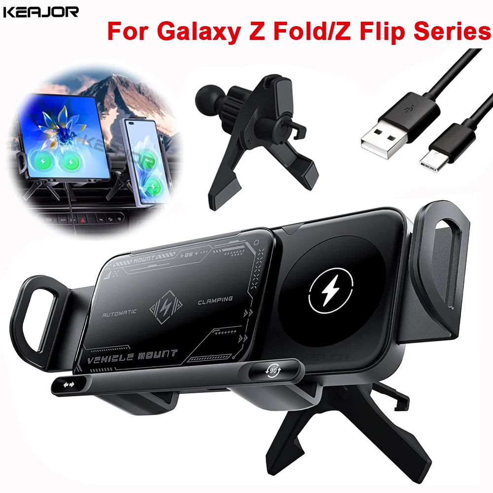 Car Wireless Charger Dual Coil Fold Screen Phone Fast Charging For Samsung Galaxy Z Fold 5 6 Flip 3 4 Air Vent Car Phone Holder sayaragear