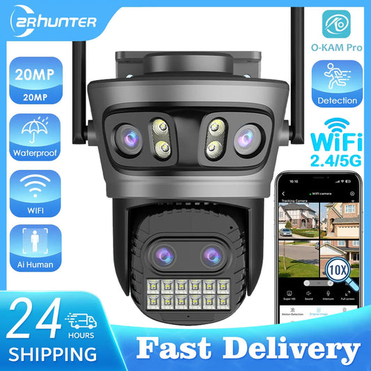20MP Outdoors Wifi Camera 10K HD Three Lens Security 5G PTZ IP Camera 10X Digital Zoom Lens Human AI Auto Detect Tracking Camera sayaragear