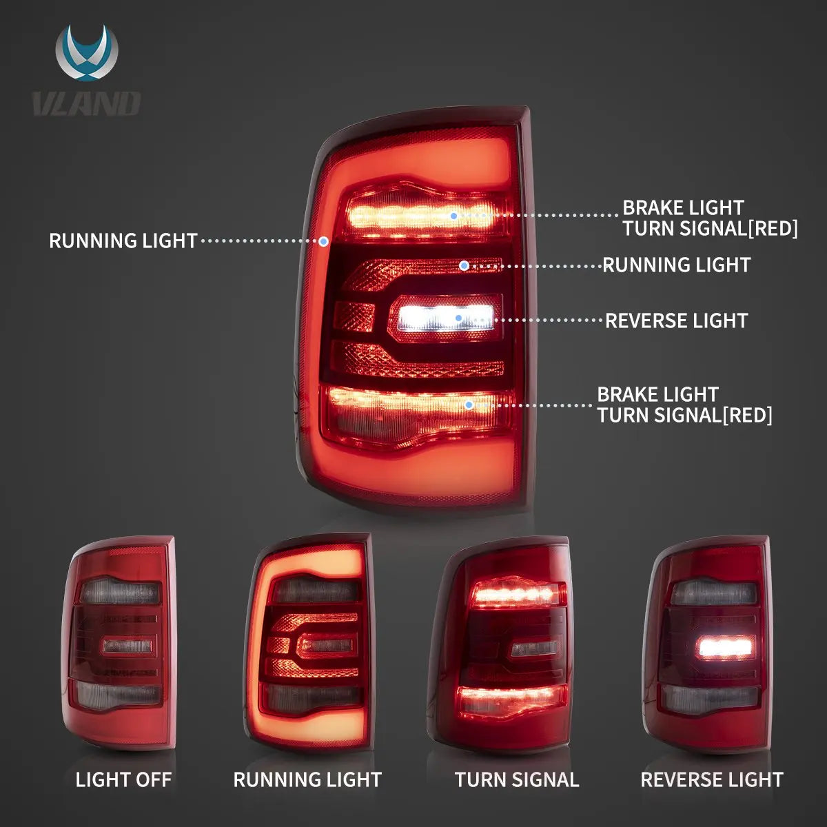 Vland 09-18 Ram 4th Gen (DS/DJ/D2) LED Tail Lights With Red Sequential Turn Signal Rear Lamp Assembly Upgrade sayaragear