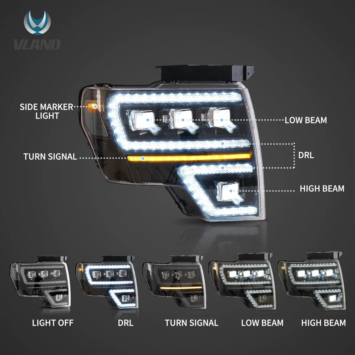 Vland 2009-2014 F150 12th Gen Black LED Matrix Projector Headlights Plug & Play Headlamp Assembly sayaragear