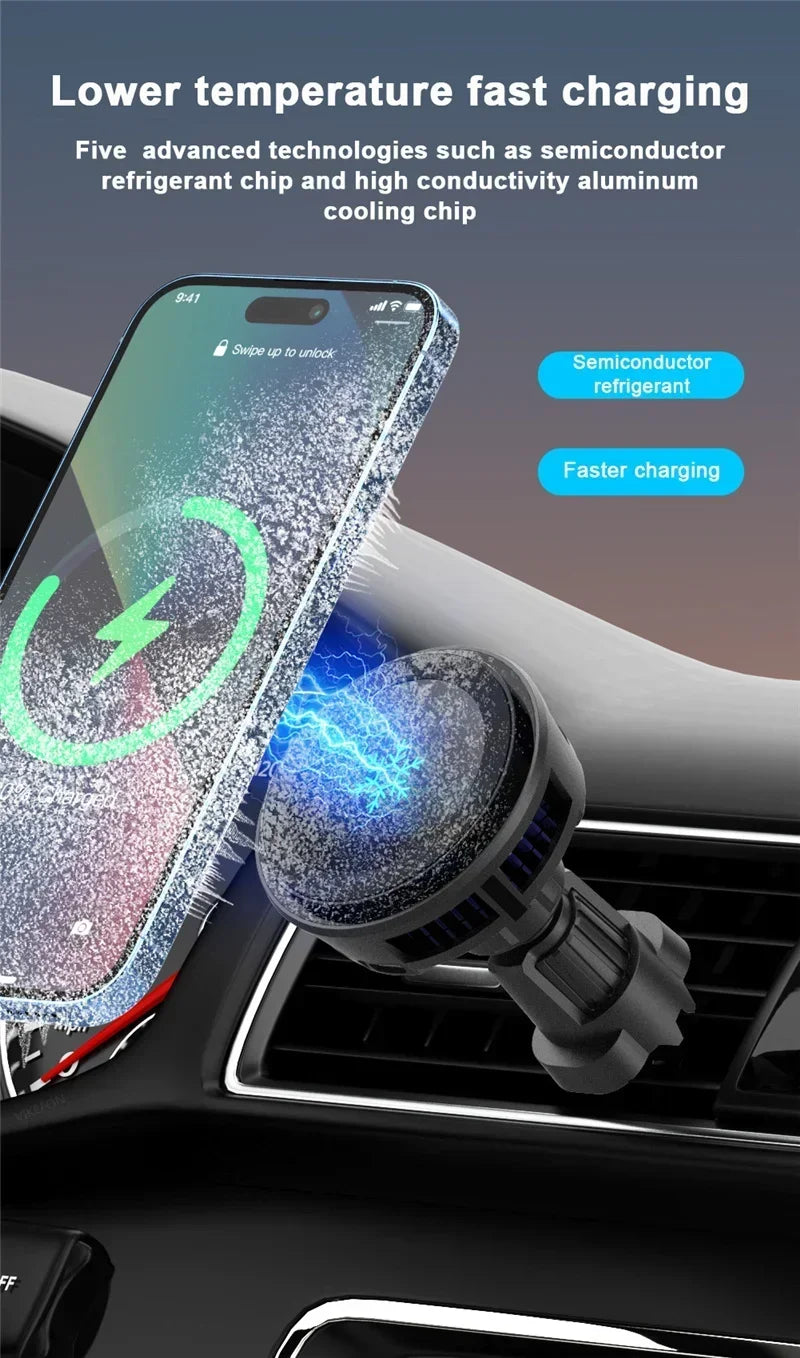 ice Cooling Magnetic Wireless Car Charger Stand for iPhone 16 15 14 13 12 Pro Max MacSafe Car Phone Holder Fast Charging Station sayaragear