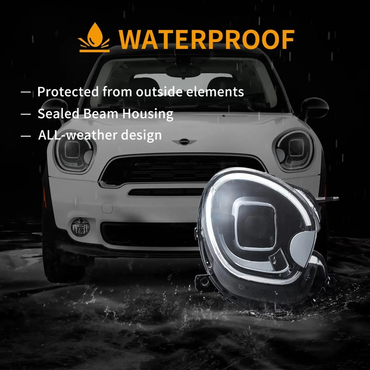 Vland 10-16 Countryman R60 Full LED Dual Beam Projector Headlights with DRL High Low Beam Front Headlamp Assembly sayaragear