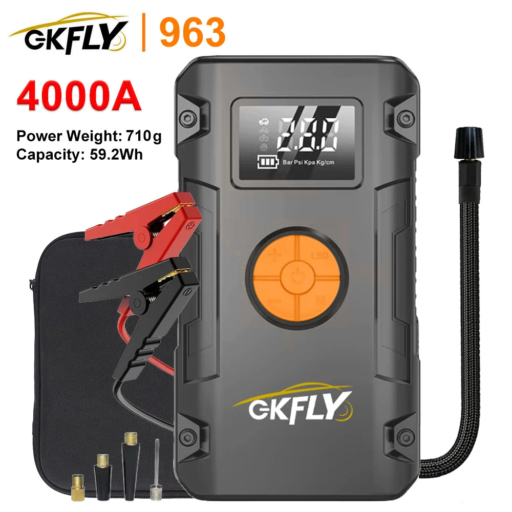GKFLY Jump Starter 4 in 1 Pump Air Compressor 4000A Power Bank 12V Digital Tire Inflator 150PSI Emergency Battery Booster sayaragear