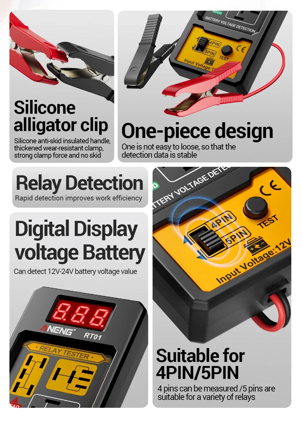 ANENG 11-25V Relay Detector RT01 Digital Universal 4/5 Pins Car Battery Vehicle Detection Digital Display Voltage Battery Tester sayaragear