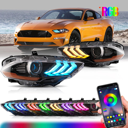 Vland 18-24 Mustang 6th Gen LED Dual Beam Projector RGB Headlights Black with DRL High Low Beam Front Headlamp Assembly sayaragear