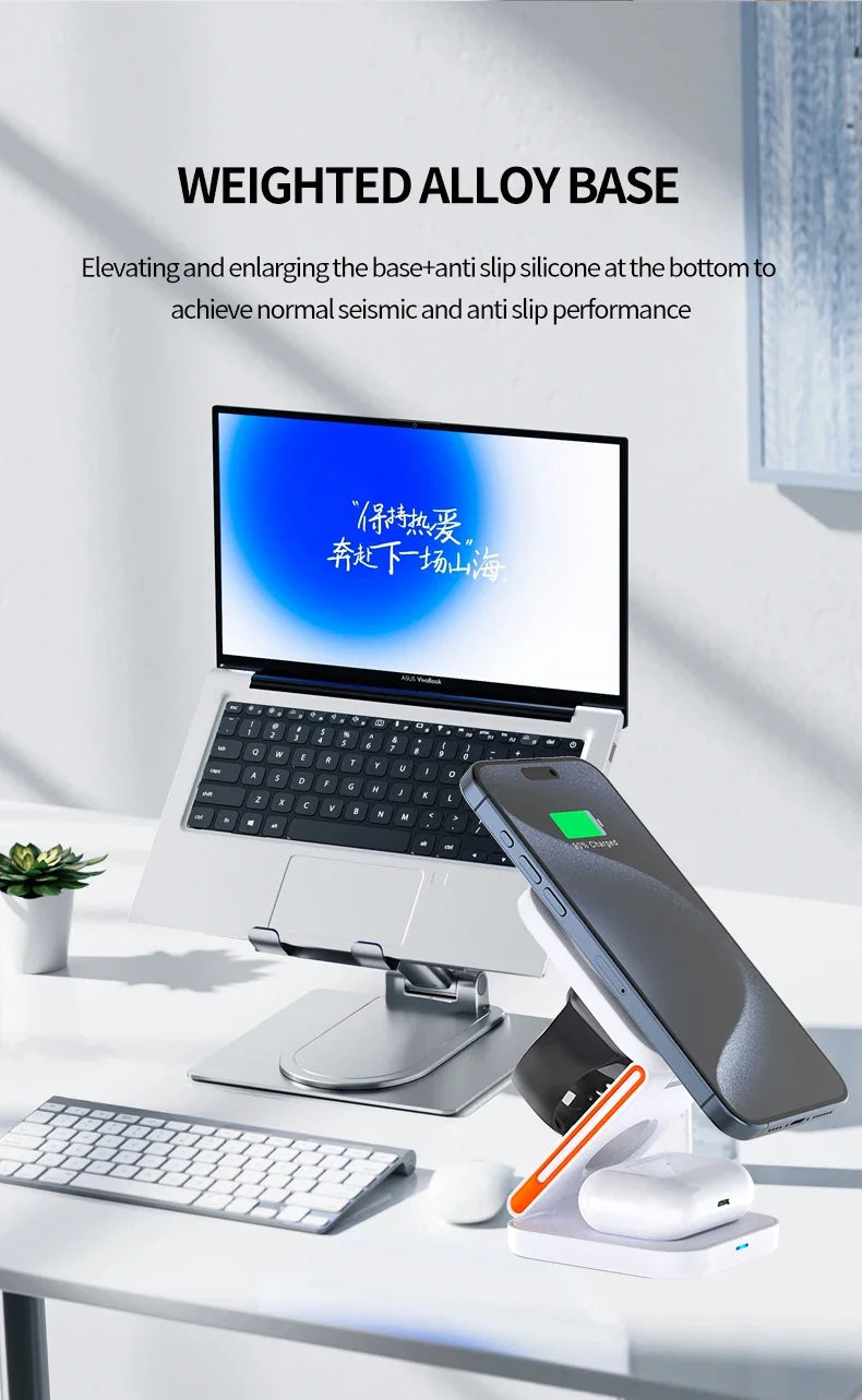 3 in 1 Foldable Charging Station Fast Magnetic Wireless Charger Stand for iPhone 17 16 15 14 13 12 Apple Watch 8 7 6 Airpods Pro sayaragear