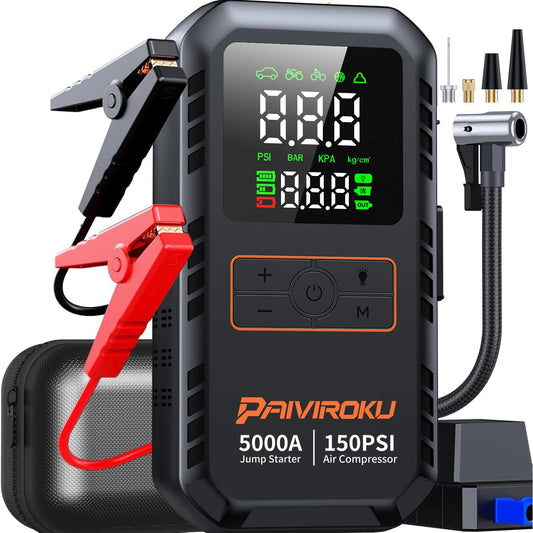 4-IN-1 Car Jump Starter with Air Compressor Peak 5000A Auto Battery Booster 150PSI Air Pump Portable Power Bank Tire Inflator sayaragear