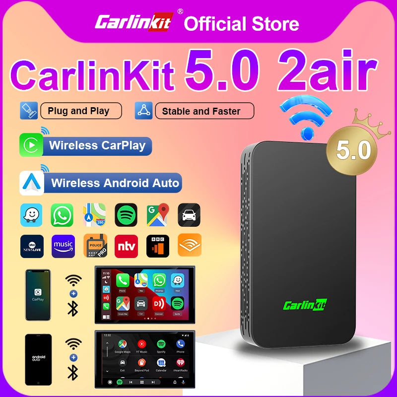 CarlinKit 5.0 Wired to Wireless Android Auto Box Wireless CarPlay Adapter Smart Car Ai Box WiFi Bluetooth Auto Connect Plug&Play sayaragear
