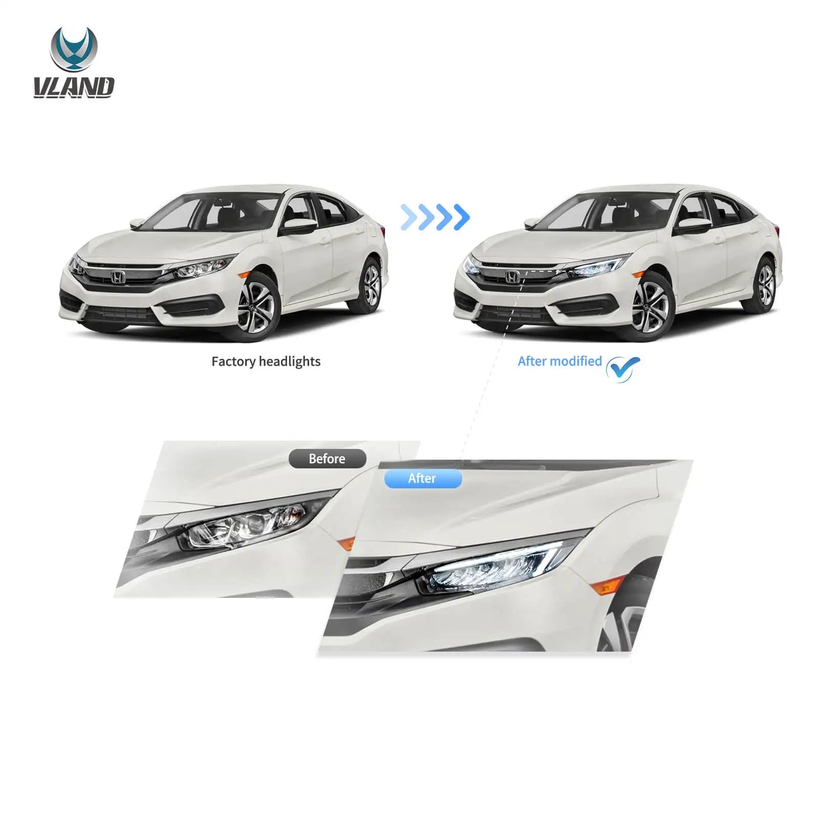 Vland 16-21 Civic 10th Gen LED Reflection Bowl Headlights Chrome sayaragear