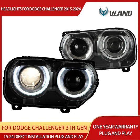 Vland 15-23 Charger Dual Beam Projector Headlights Black with DRL High Low Beam Front Headlamp Assembly sayaragear
