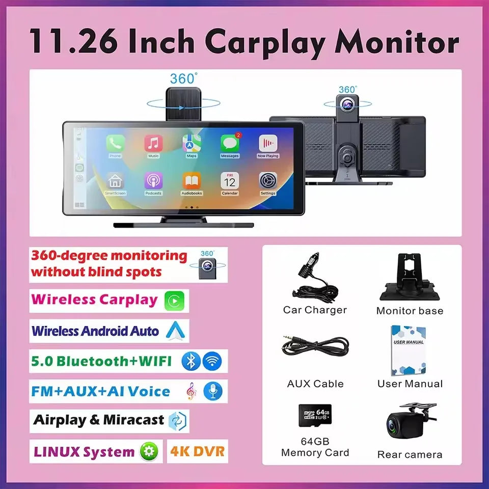 Universal Portable Wireless Carplay Screen for Car with Android Auto Touchscreen Car Stereo System sayaragear