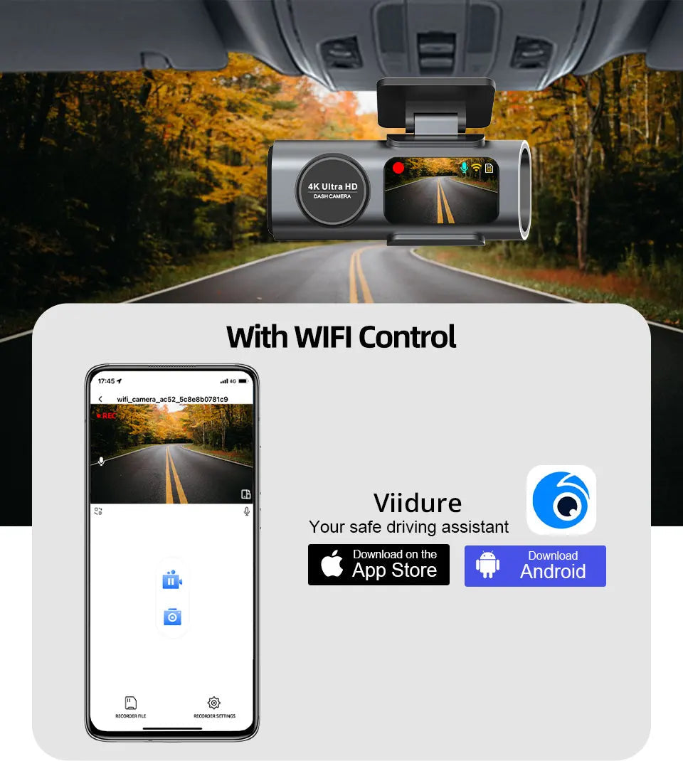 Dash Cam 4K UHD Recording Car Camera DVR Night Vision Video Recorder Built-In Wi-Fi Support GPS 24H Parking sayaragear