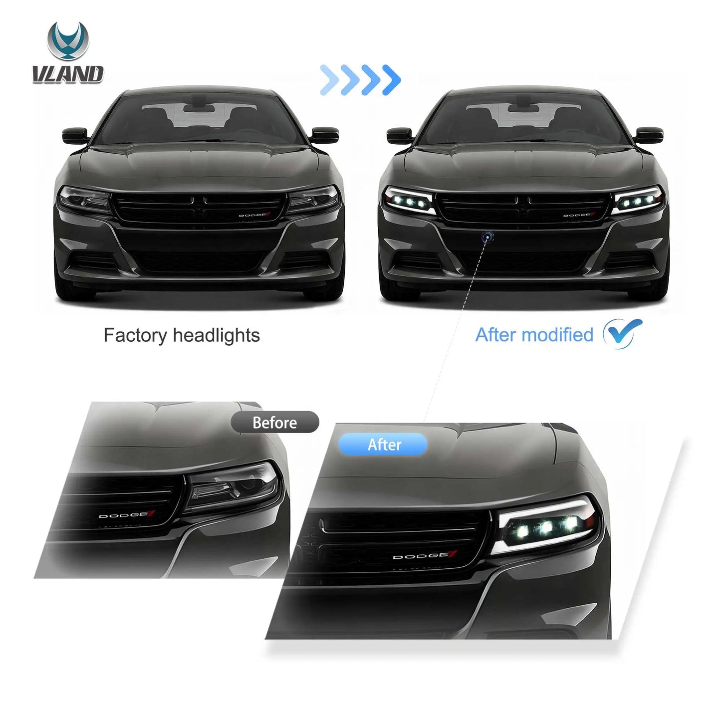 VLAND Bi-LED Projector Headlights Black For 2015-2023 Dodge Charger LED DRL Sequential Turn Signal Front Lamp Assembly sayaragear