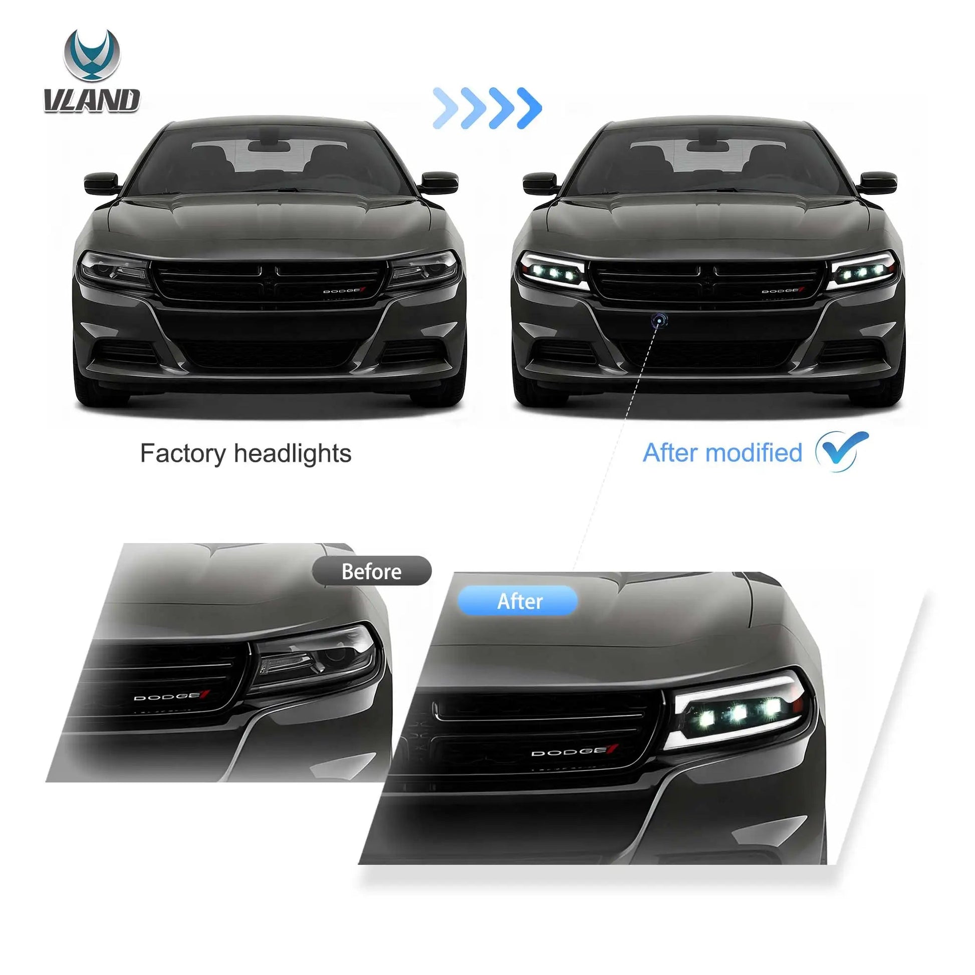 VLAND Bi-LED Projector Headlights Black For 2015-2023 Dodge Charger LED DRL Sequential Turn Signal Front Lamp Assembly sayaragear
