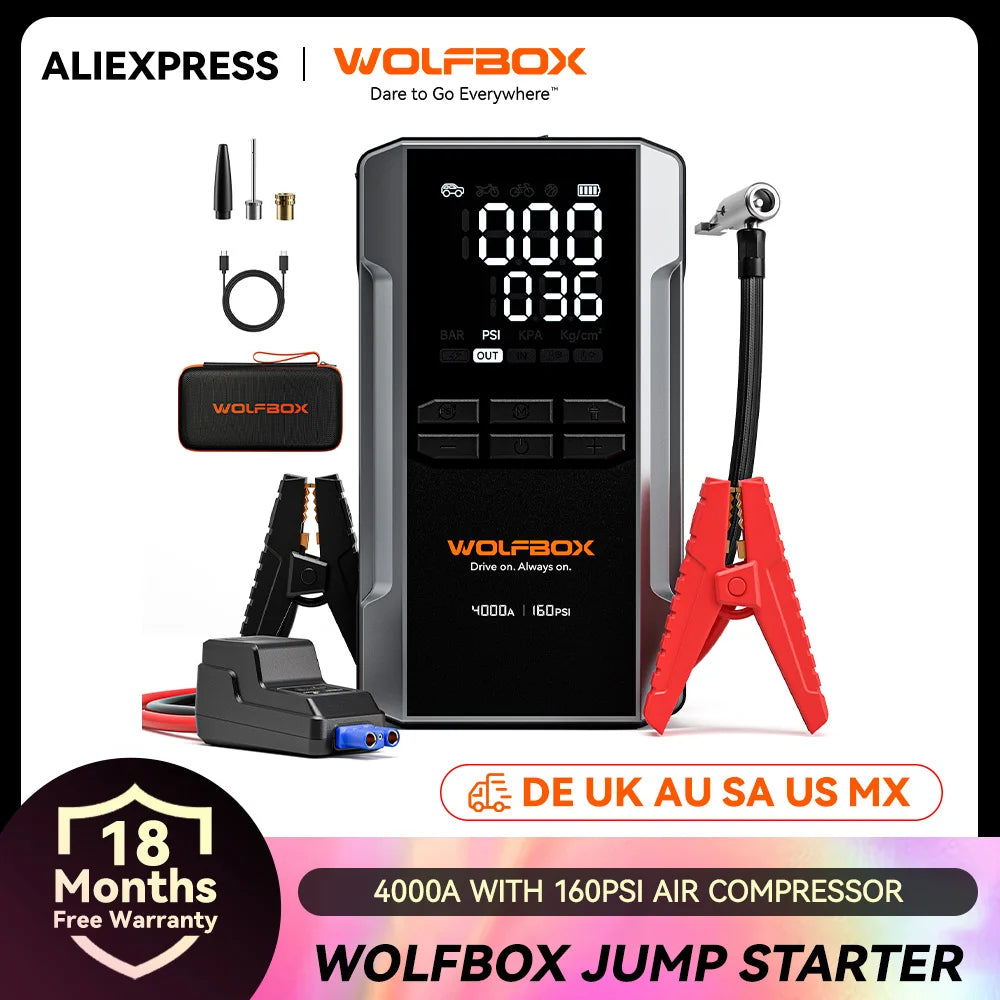 WOLFBOX 4000A Jump Starter with 160PSI Air Compressor, 12V Car Battery Booster, 65W Fast Charge, 24000mAh Portable Tire Inflator sayaragear