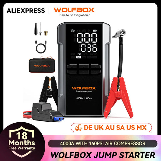 WOLFBOX 4000A Jump Starter with 160PSI Air Compressor, 12V Car Battery Booster, 65W Fast Charge, 24000mAh Portable Tire Inflator sayaragear