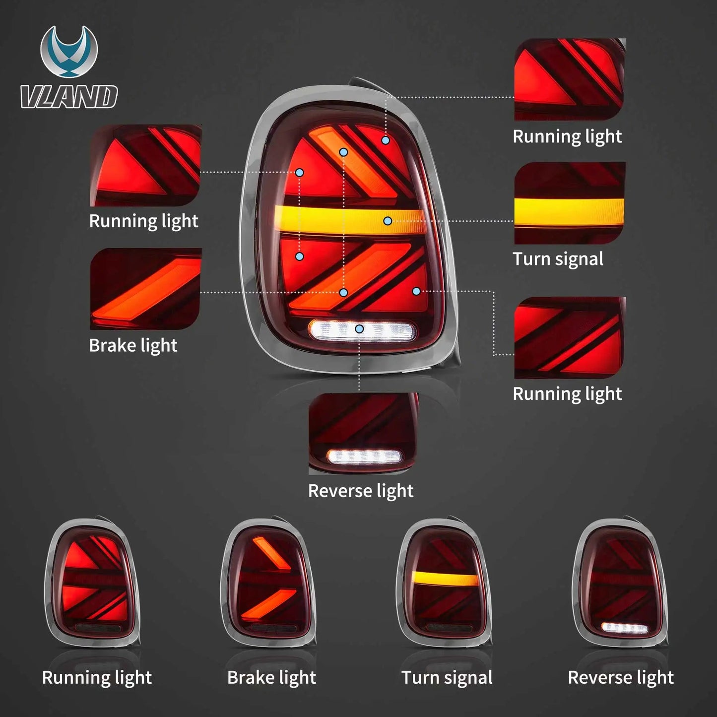 Vland 14-19 Mini Cooper F55 F56 F57 LED Tail Lights with Sequential Turn Signal Rear Lamp Assembly Upgrade sayaragear