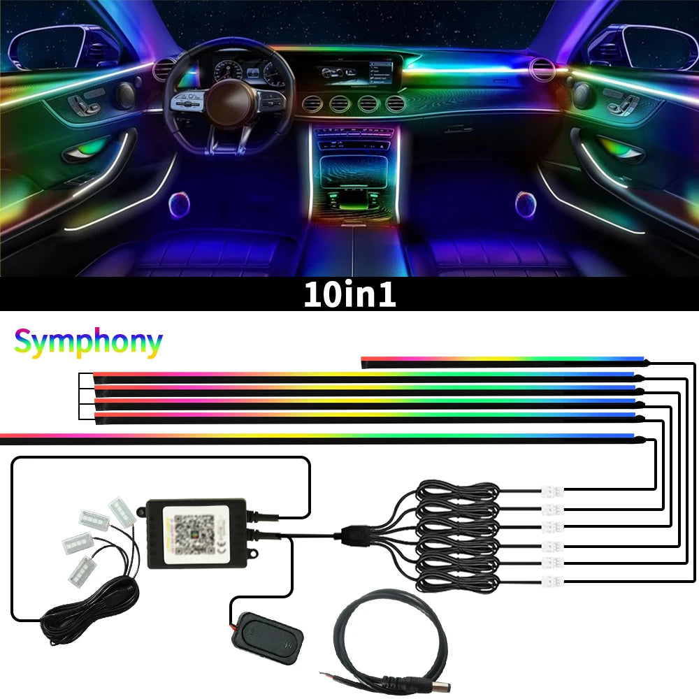 6/10/18 in 1 Car Ambient Light 64 Colors RGB Symphony Interior Acrylic LED Strip Light Hidden Music APP Control Atmosphere Lamp sayaragear