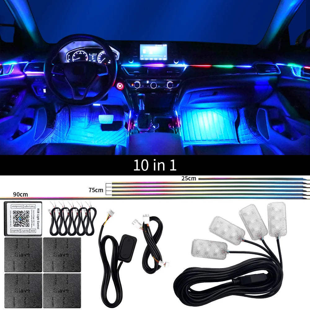 18 in 1 Dual Zone Symphony Streamer Car Ambient Light Interior LED Full Color RGB Neon Acrylic Strip Atmosphere Lighting Kit App sayaragear