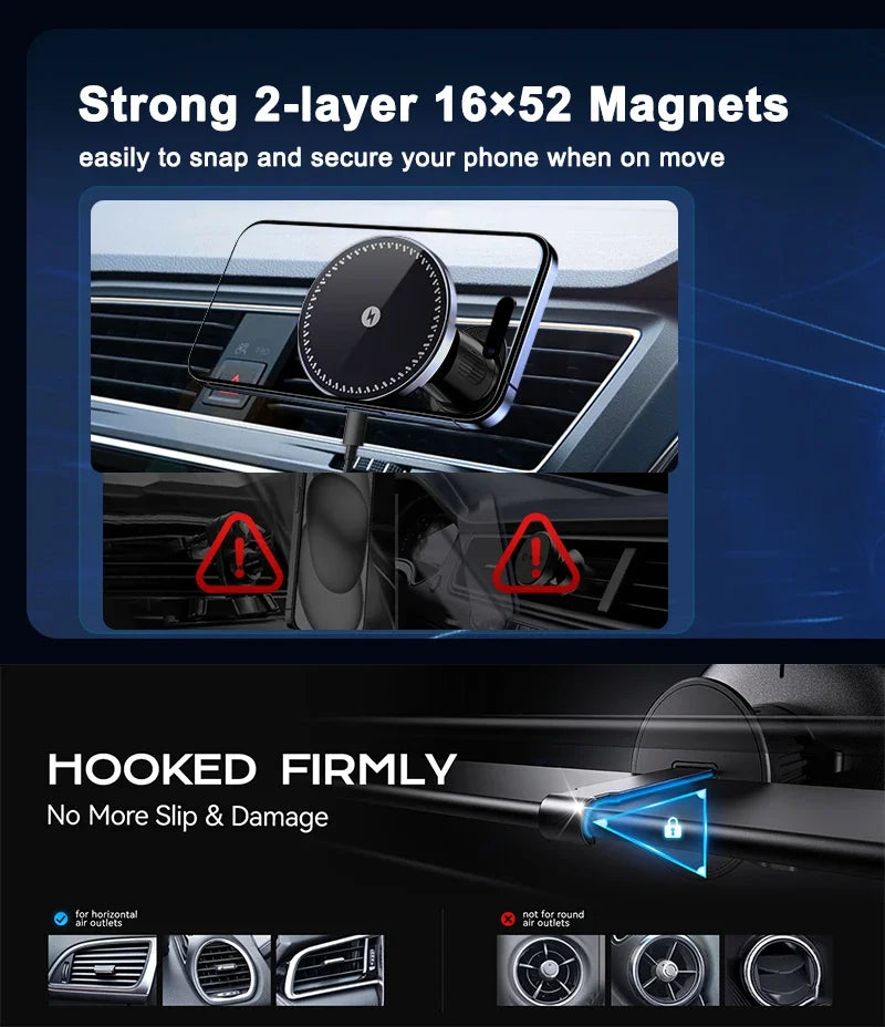UYUXIO Strong Magnetic Wireless Car Phone Charger Adapter 15W Air Vent Car Phone Holder for iPhone 16 15 14 13 Pro Max Plus 12 sayaragear